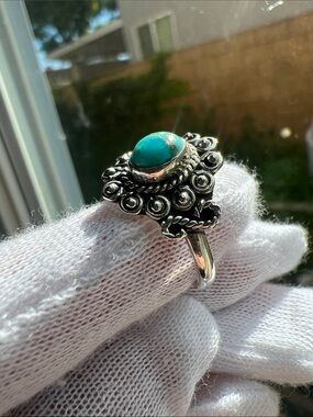 Sterling Silver Turquoise Floral Statement Ring - Blue-Green Turquoise Stone